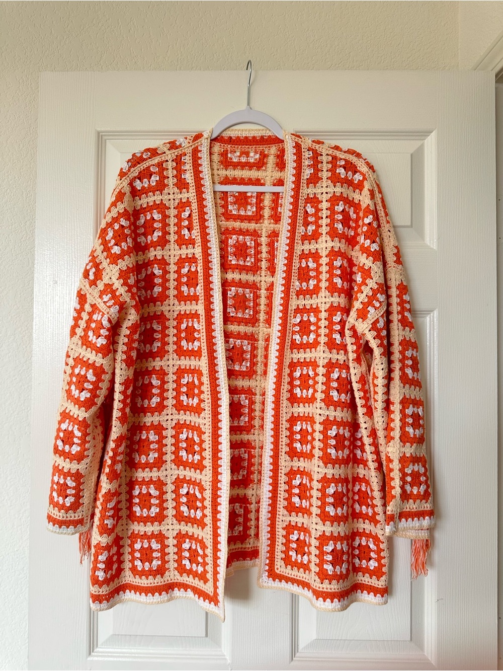 Maje Mathiou Cotton Fringe Orange White Crochet Knit Cardigan Sweater - Picture 6 of 7